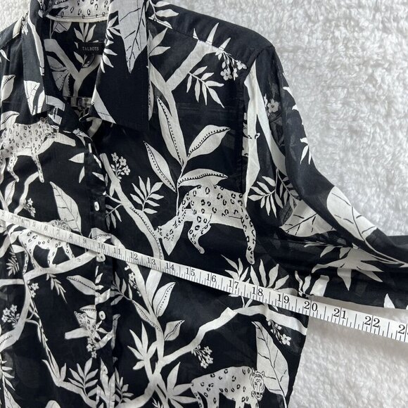 Talbots M Shirt Tropical Panther Jungle Cat Print Sheer Blouse Black White Top - Picture 5 of 11